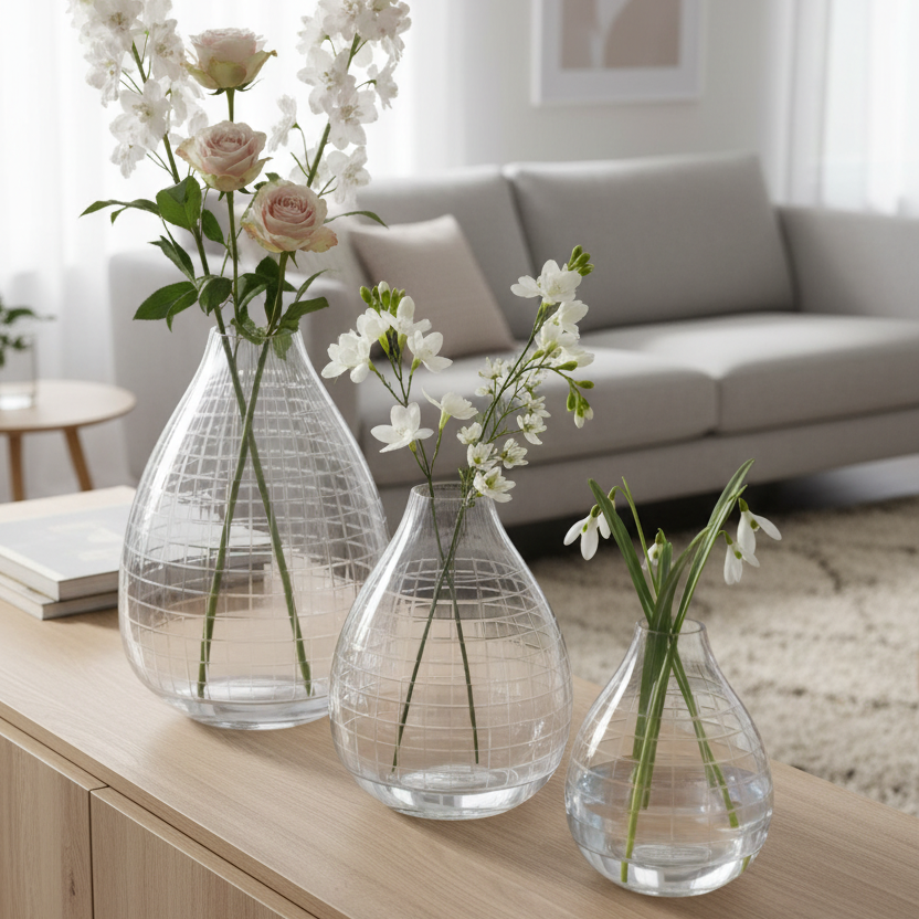 Etched Tear Drop Clear Glass Vase