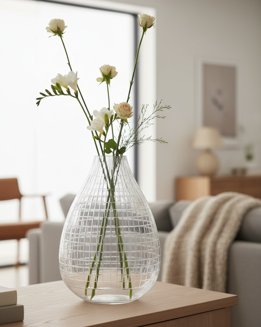 Etched Tear Drop Clear Glass Vase