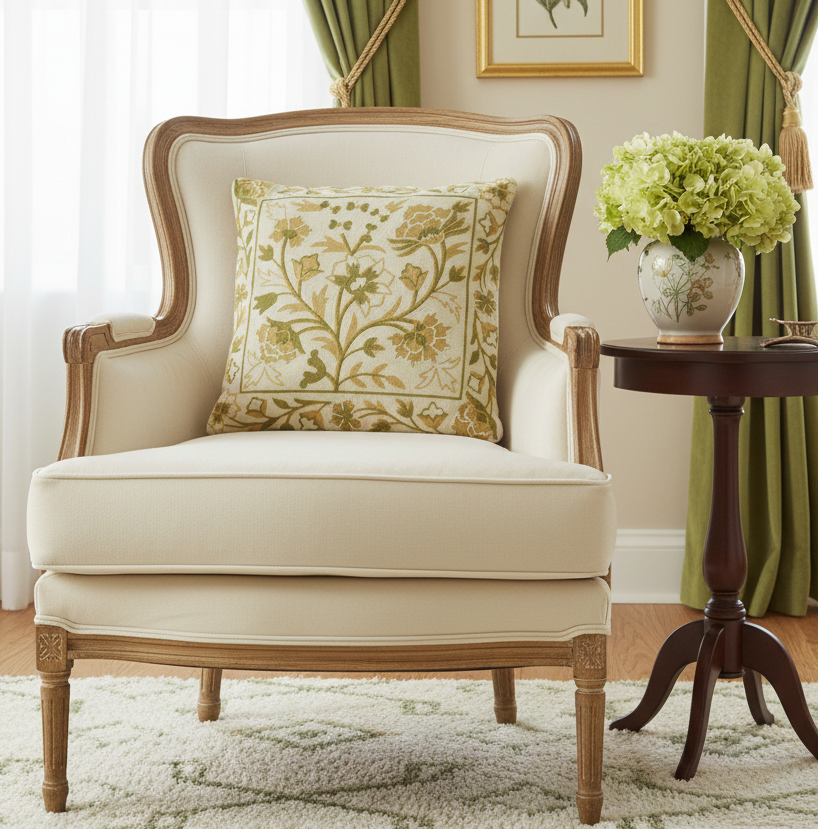 Cream and Green Floral Embroidered Pillow