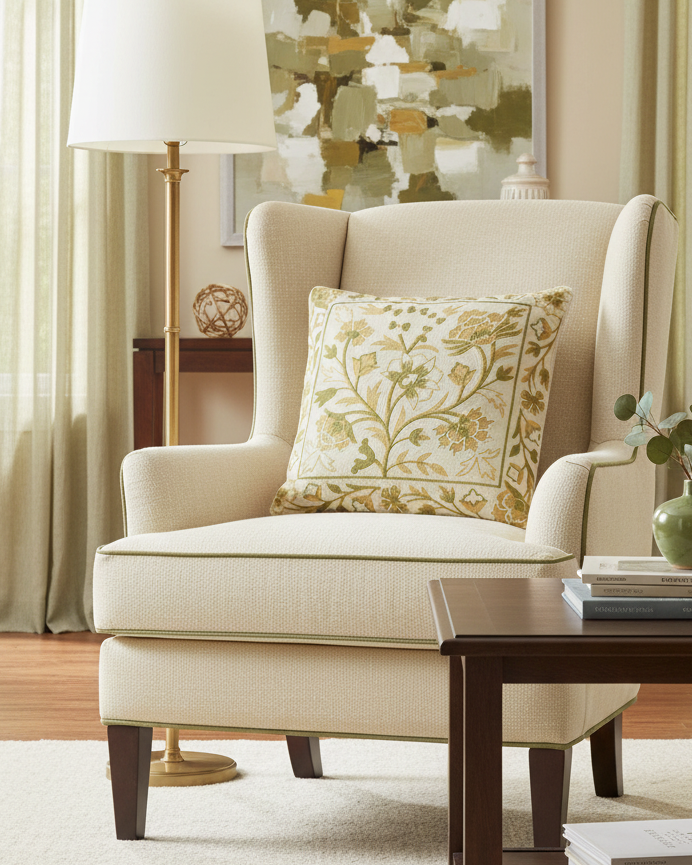 Cream and Green Floral Embroidered Pillow