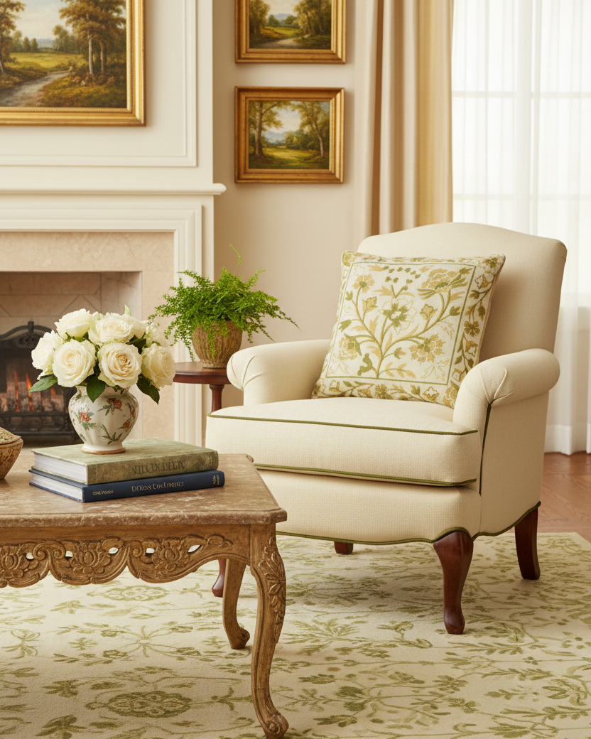 Cream and Green Floral Embroidered Pillow