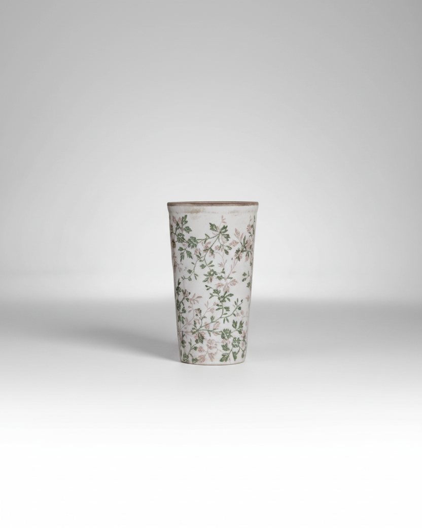 Cream and Green Floral Ceramic Pot