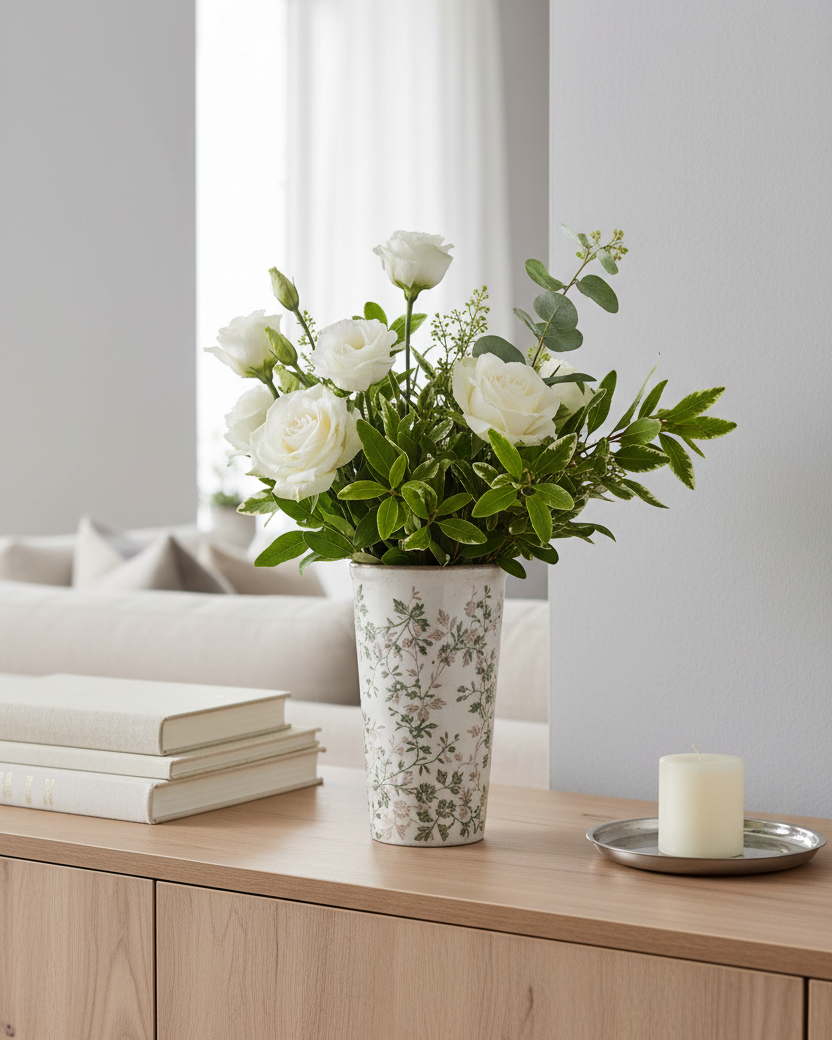 Cream and Green Floral Ceramic Pot
