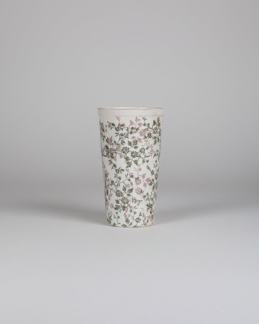 Cream and Green Floral Ceramic Pot