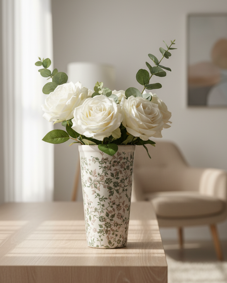 Cream and Green Floral Ceramic Pot