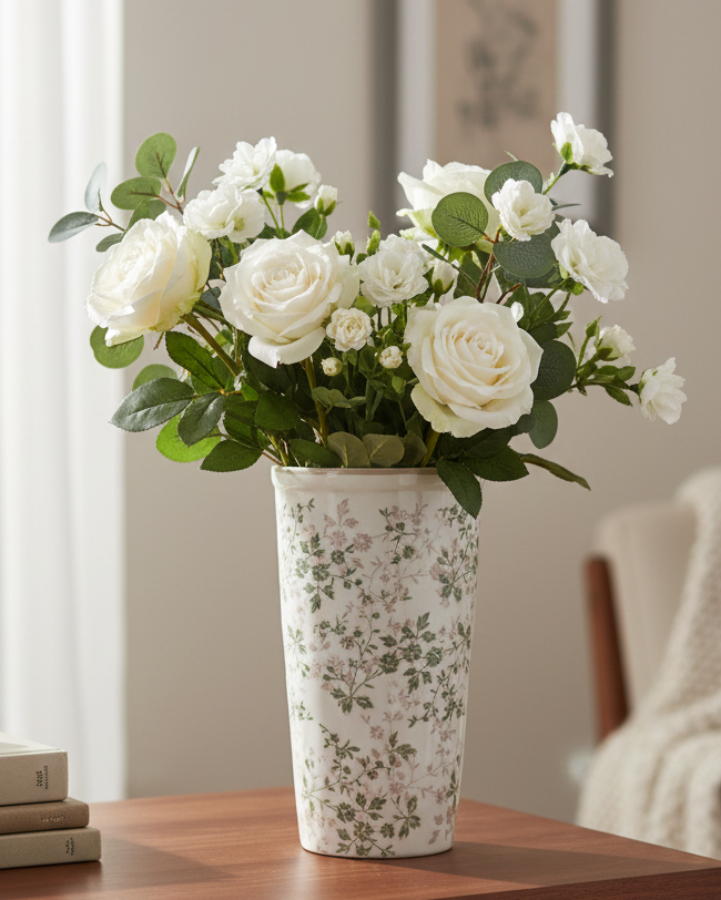 Cream and Green Floral Ceramic Pot