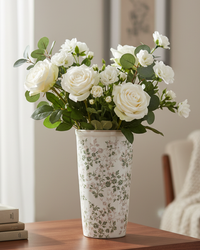 Cream and Green Floral Ceramic Pot