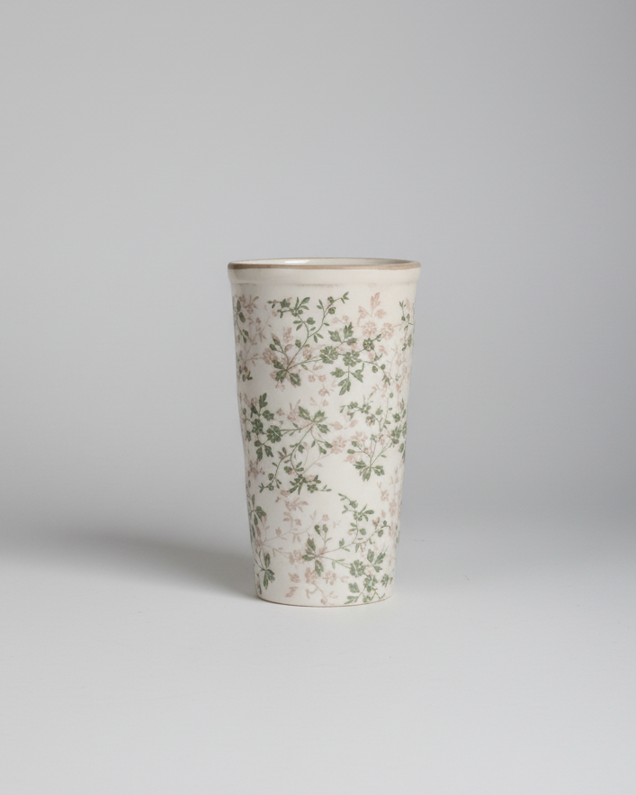 Cream and Green Floral Ceramic Pot