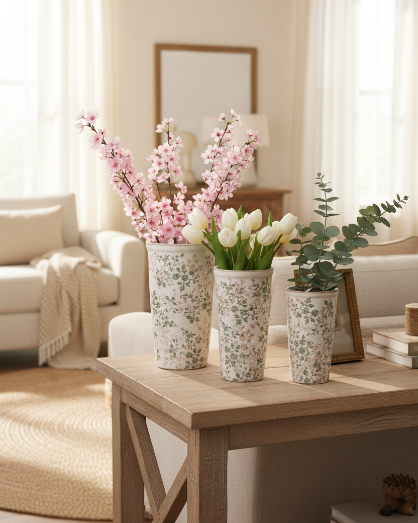 Cream and Green Floral Ceramic Pot
