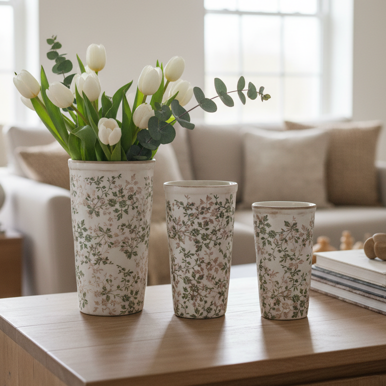 Cream and Green Floral Ceramic Pot