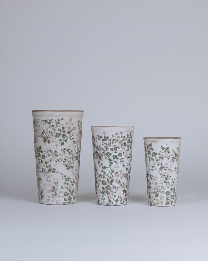 Cream and Green Floral Ceramic Pot