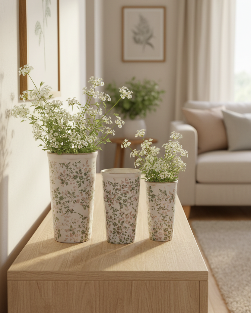 Cream and Green Floral Ceramic Pot