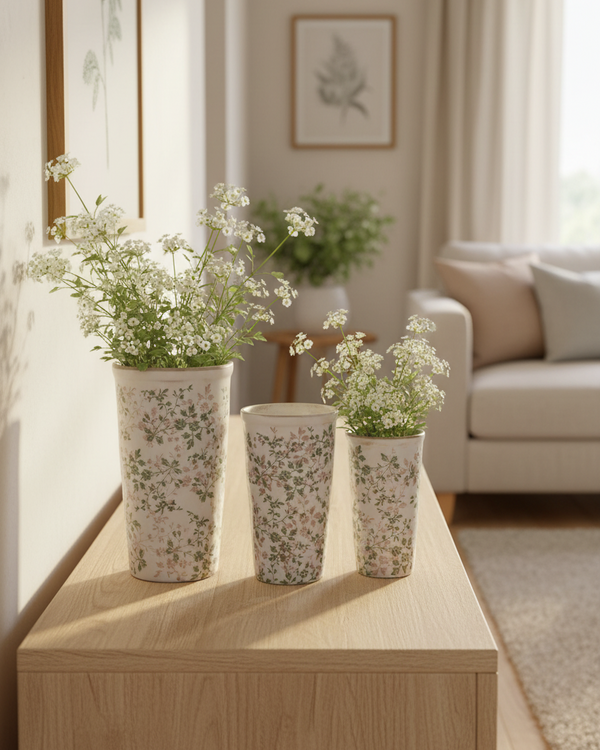 Cream and Green Floral Ceramic Pot