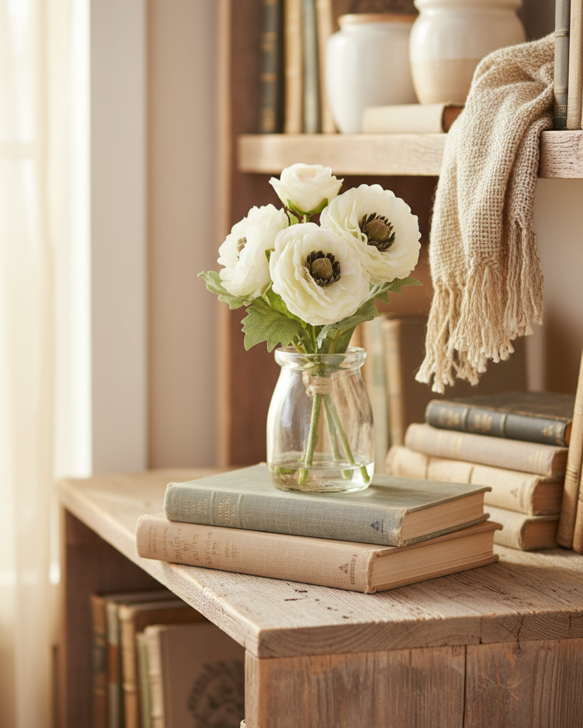 Mini White Ranunculus Bouquet in Glass Vase With Faux Water