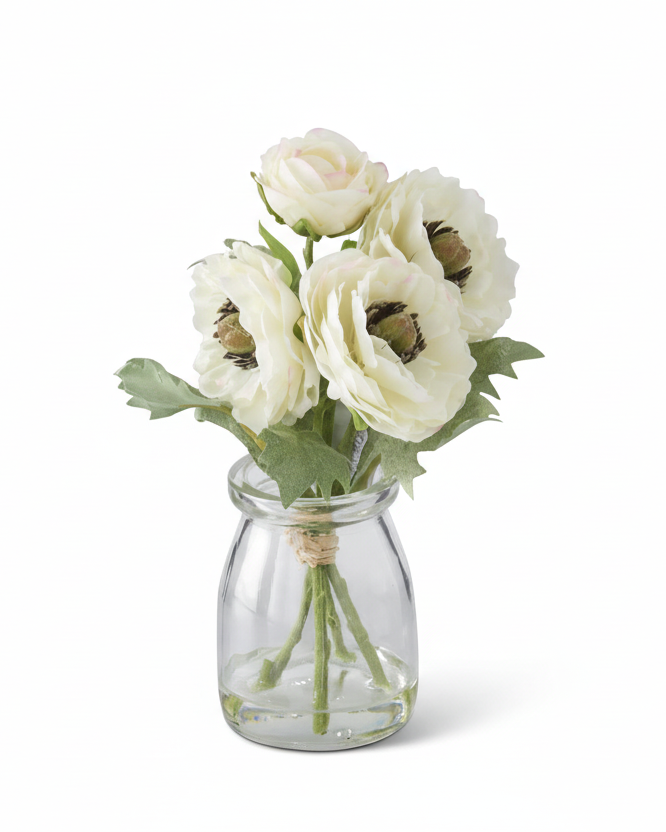 Mini White Ranunculus Bouquet in Glass Vase With Faux Water