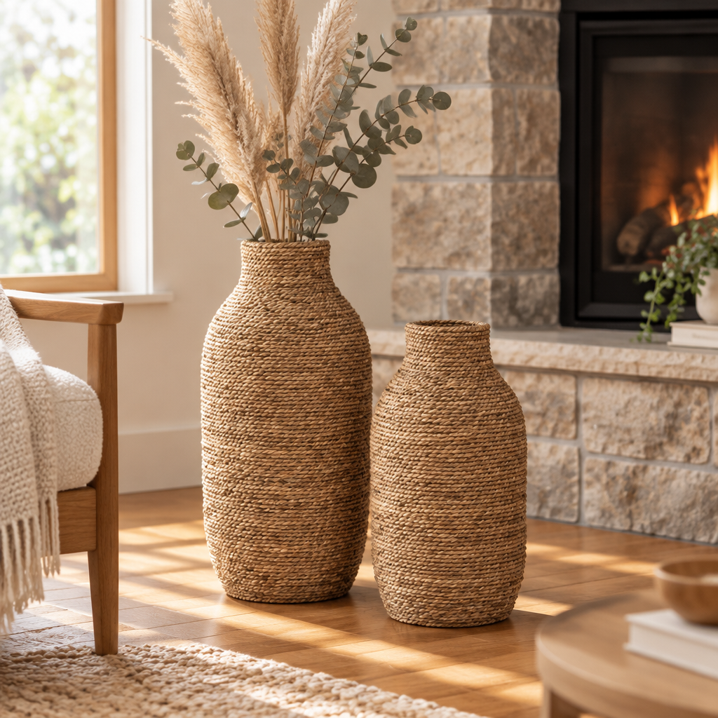 Woven Seagrass and Wood Vase