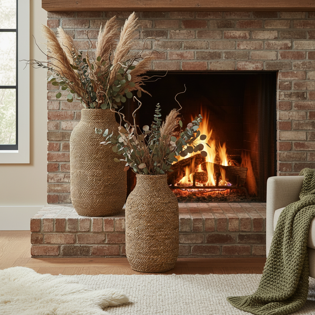 Woven Seagrass and Wood Vase