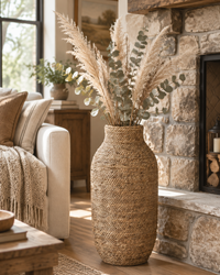 Woven Seagrass and Wood Vase