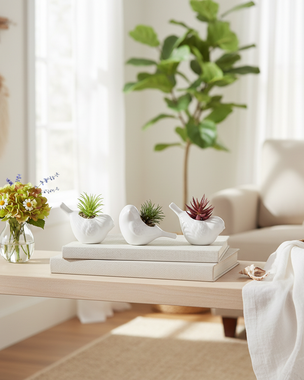 White Ceramic Bird with Succulent