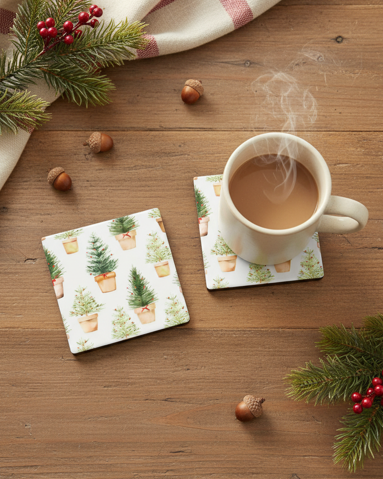 Ceramic Coaster Set of 6 Holiday Trees in Pots