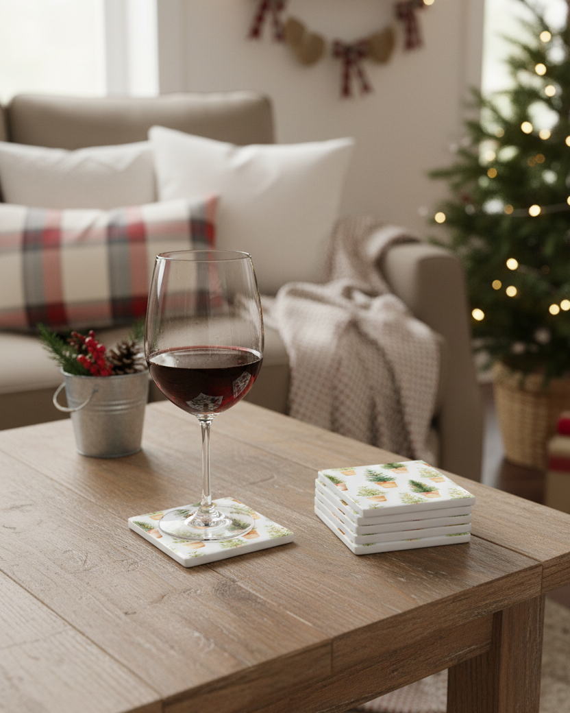 Ceramic Coaster Set of 6 Holiday Trees in Pots