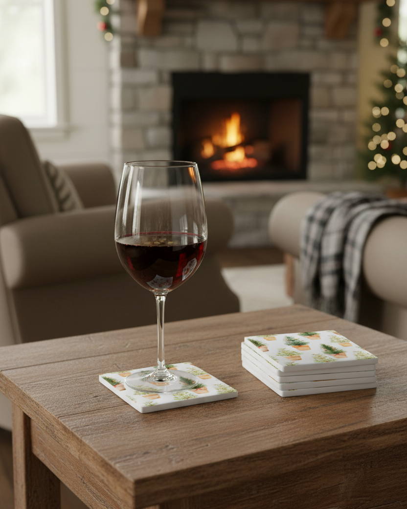 Ceramic Coaster Set of 6 Holiday Trees in Pots