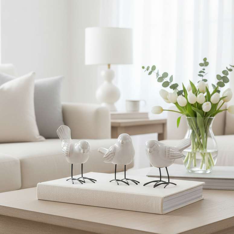 White Ceramic Bird With Metal Feet Small