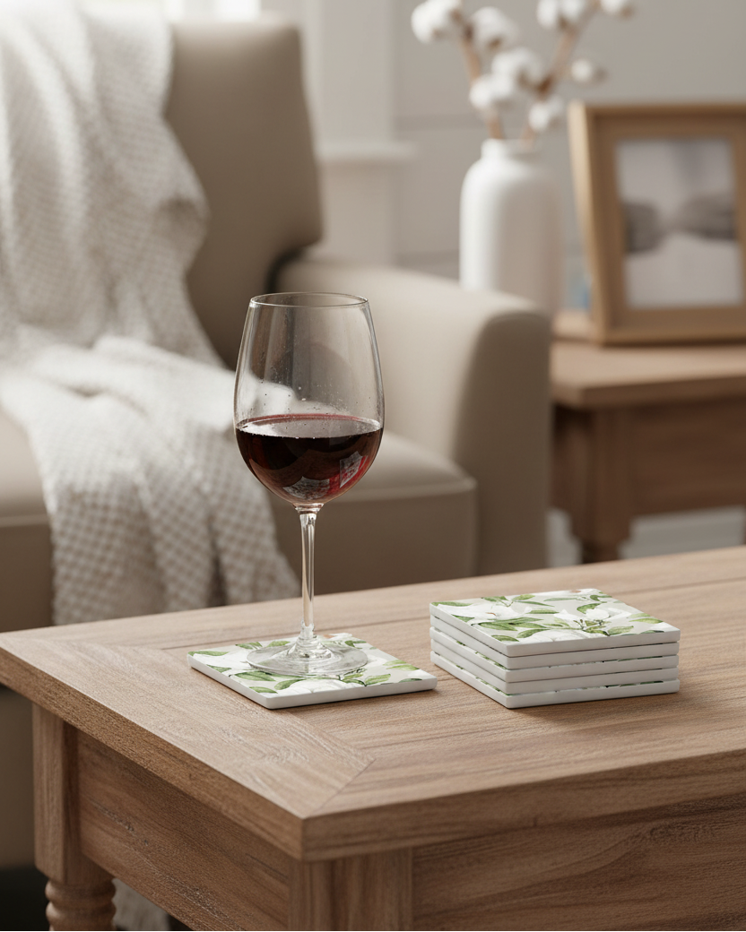 Ceramic Coaster Set of 6 White Blossom