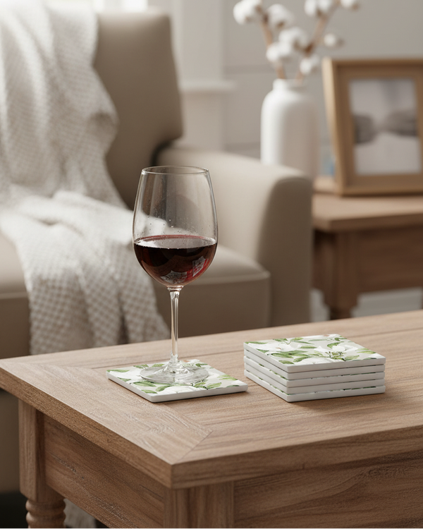 Ceramic Coaster Set of 6 White Blossom