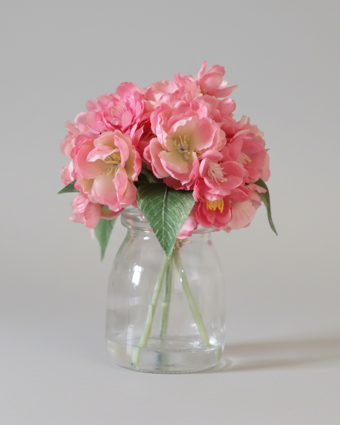 Mini Pink Cherry Blossom Bouquet in Glass Vase With Faux Water