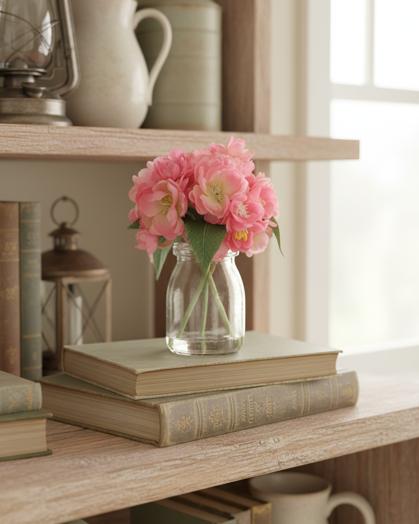 Mini Pink Cherry Blossom Bouquet in Glass Vase With Faux Water