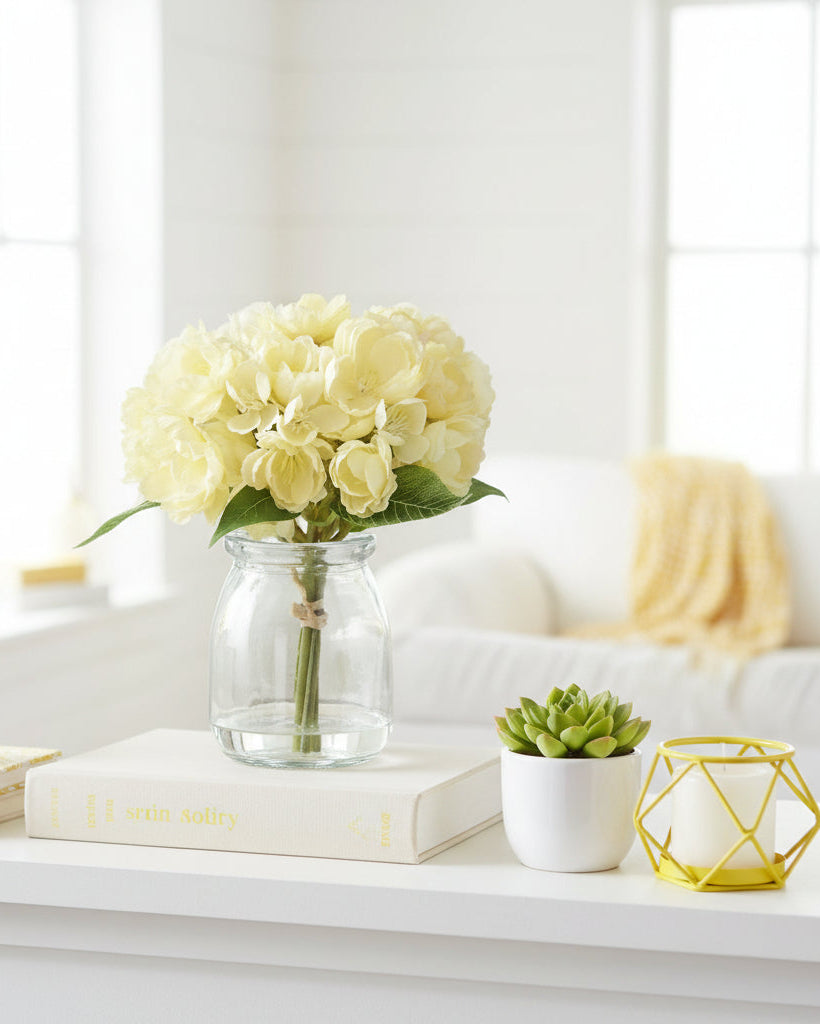 Mini Yellow Cherry Blossom Bouquet in Glass Vase With Faux Water