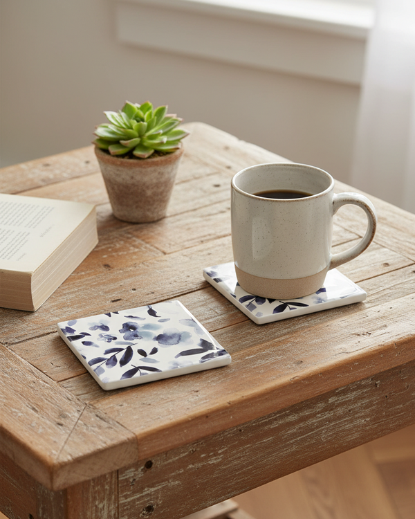 Ceramic Coaster Set of 6 Watercolour Blue Floral
