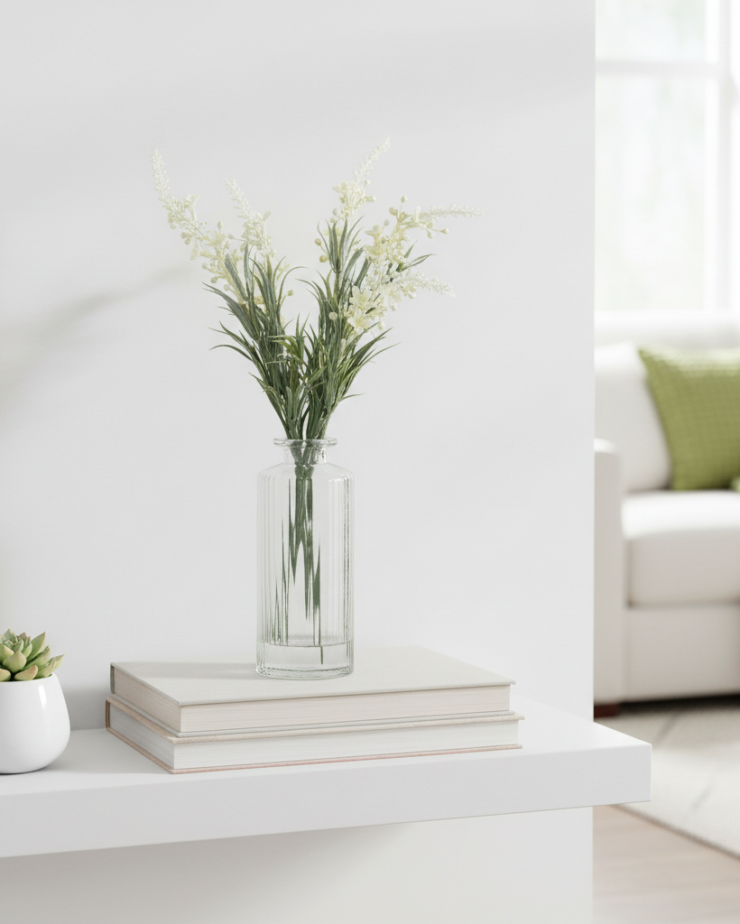 White Lavender Bouquet in Glass Vase With Faux Water