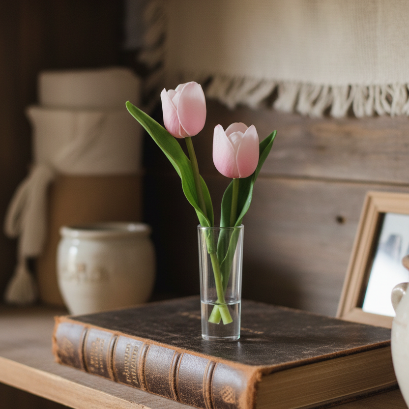 Pink Real Touch Tulip Duo in Glass Vase With Faux Water