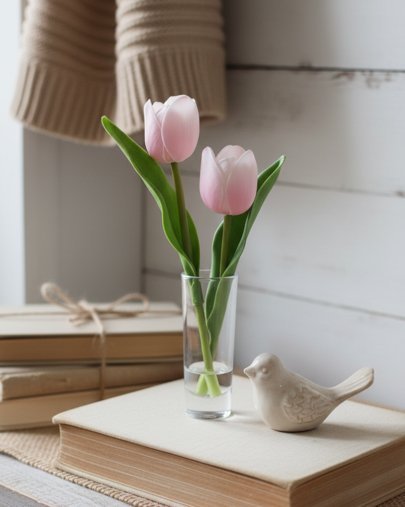 Pink Real Touch Tulip Duo in Glass Vase With Faux Water