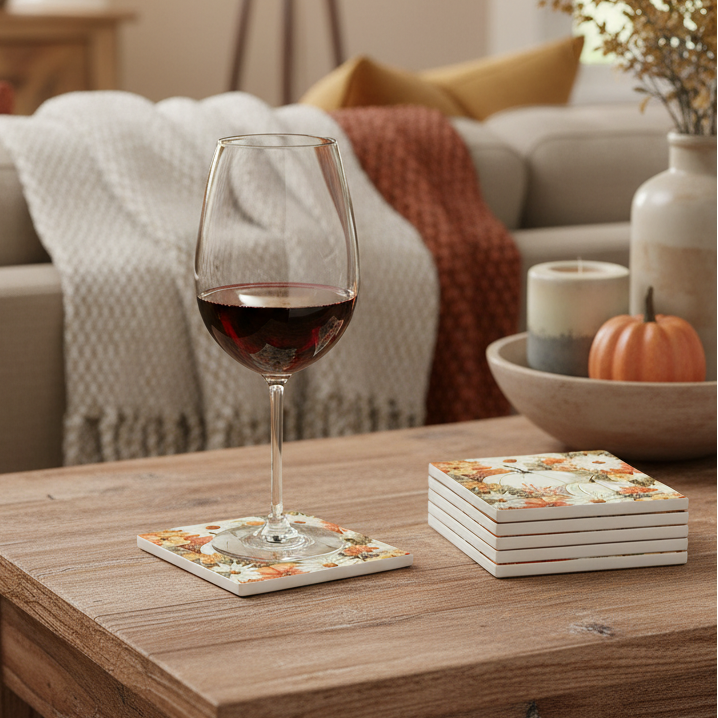 Ceramic Coaster Set of 6 White Pumpkin Garden