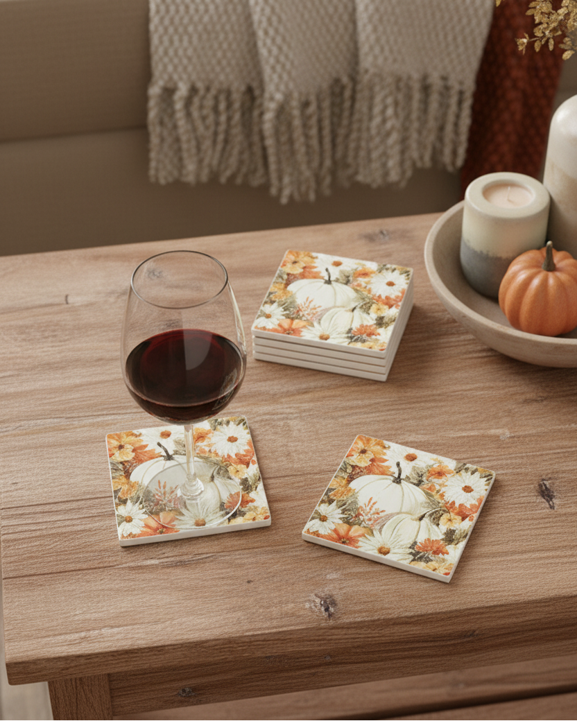 Ceramic Coaster Set of 6 White Pumpkin Garden