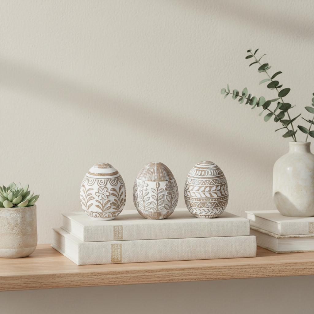 Whitewashed Floral Carved Resin Easter Egg