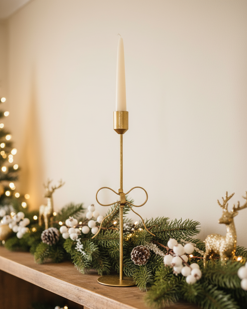 Bow Foil Accent Taper Gold Candle Holder