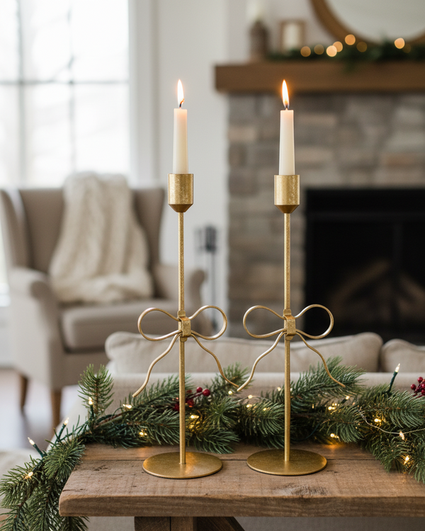 Bow Foil Accent Taper Gold Candle Holder