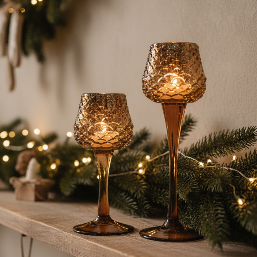 Pinecone Mercury Glass Textured Candle Holders Set of 2