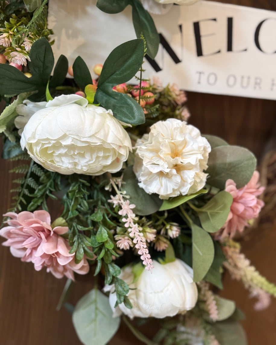 Welcome to Our Home White Peony and Pink Dahlia Wreath