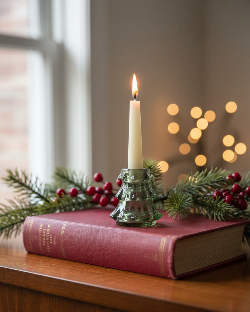 Green Glass Tree Taper Candle Holder