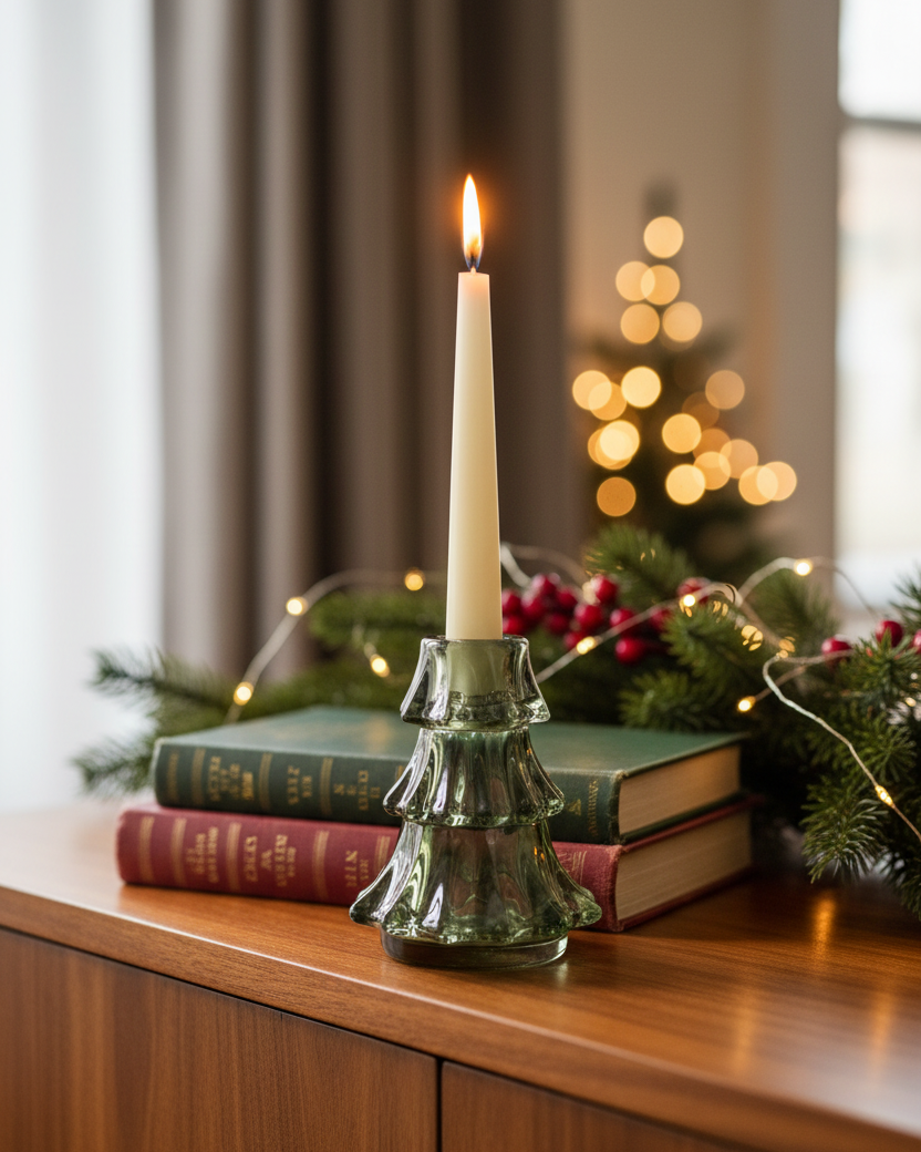 Green Glass Tree Taper Candle Holder