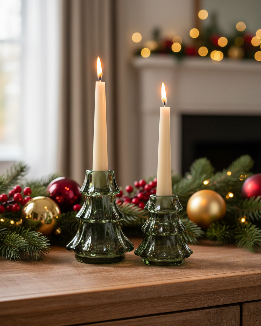 Green Glass Tree Taper Candle Holder