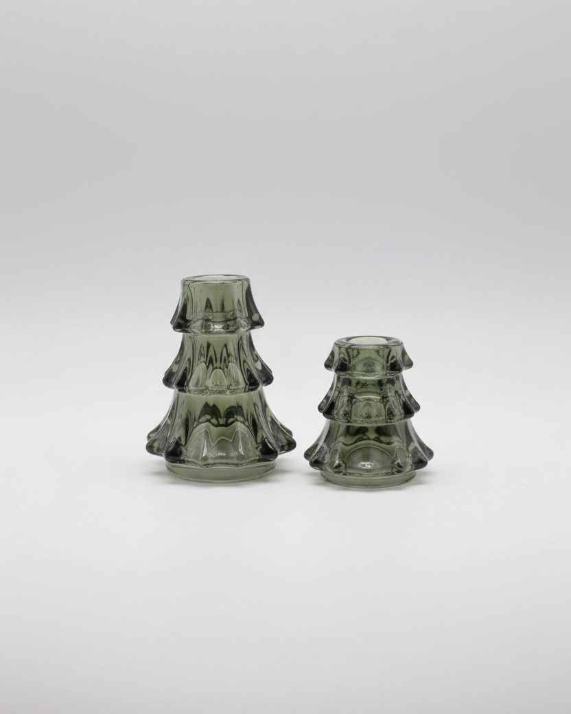 Green Glass Tree Taper Candle Holder