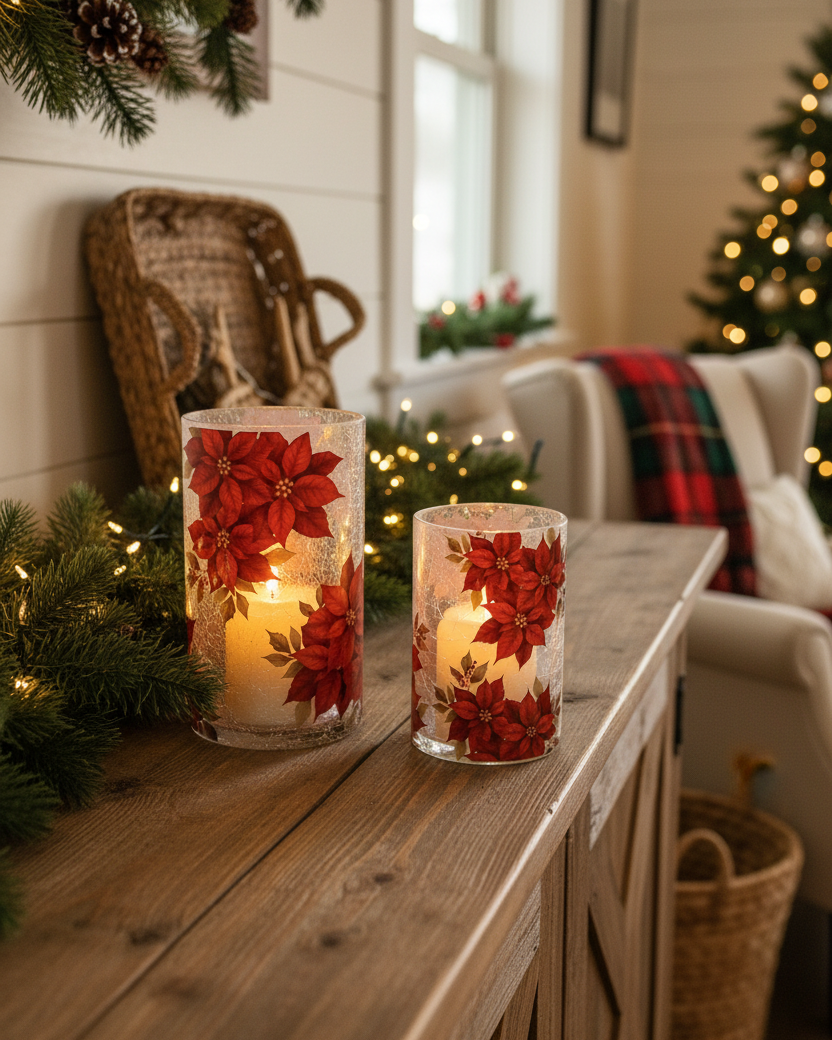 Crackle Glass Poinsettia Candle Holder