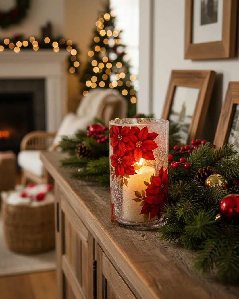 Crackle Glass Poinsettia Candle Holder