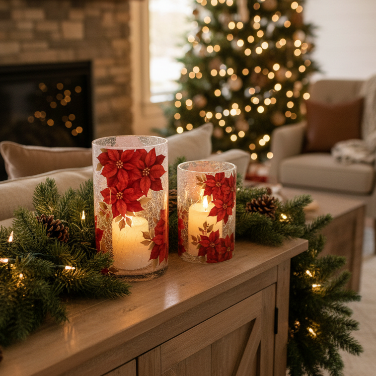 Crackle Glass Poinsettia Candle Holder